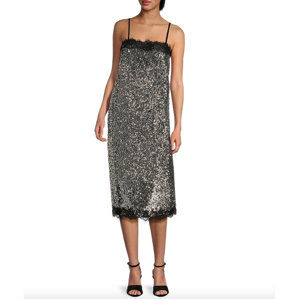 Gianni Bini Lilly Sisto Allegra Sequin Slip Midi Dress Silver Lace US 10 NWT